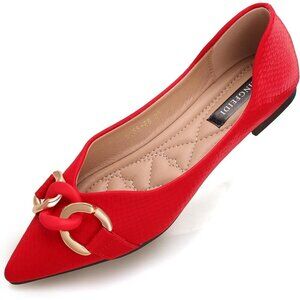 Tljiang Flat Shoes Women Red Leather Pointed Cute Chain Ballet Comfortable Shoes